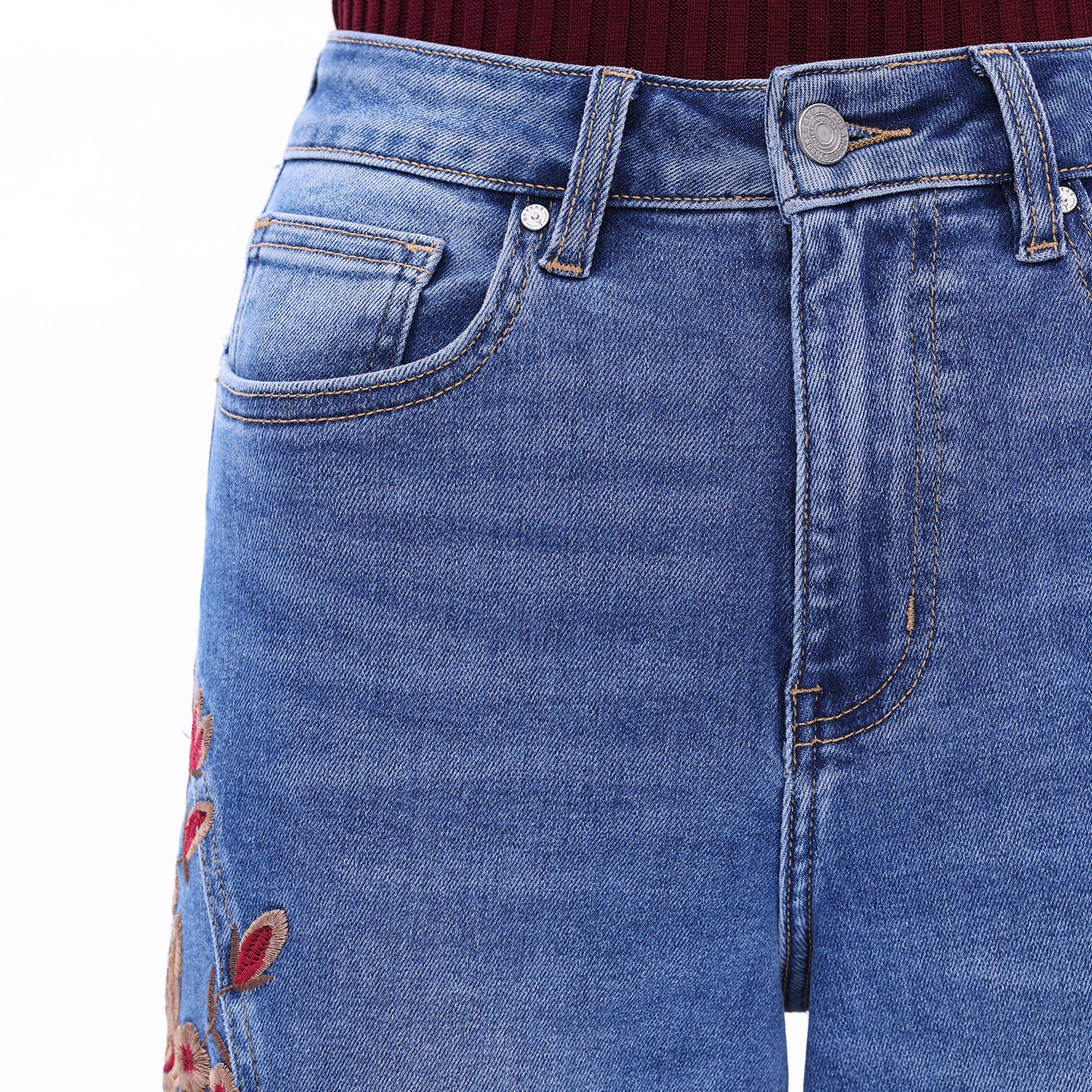 Emmy Embroidered Wide Leg Jeans with Raw Hem