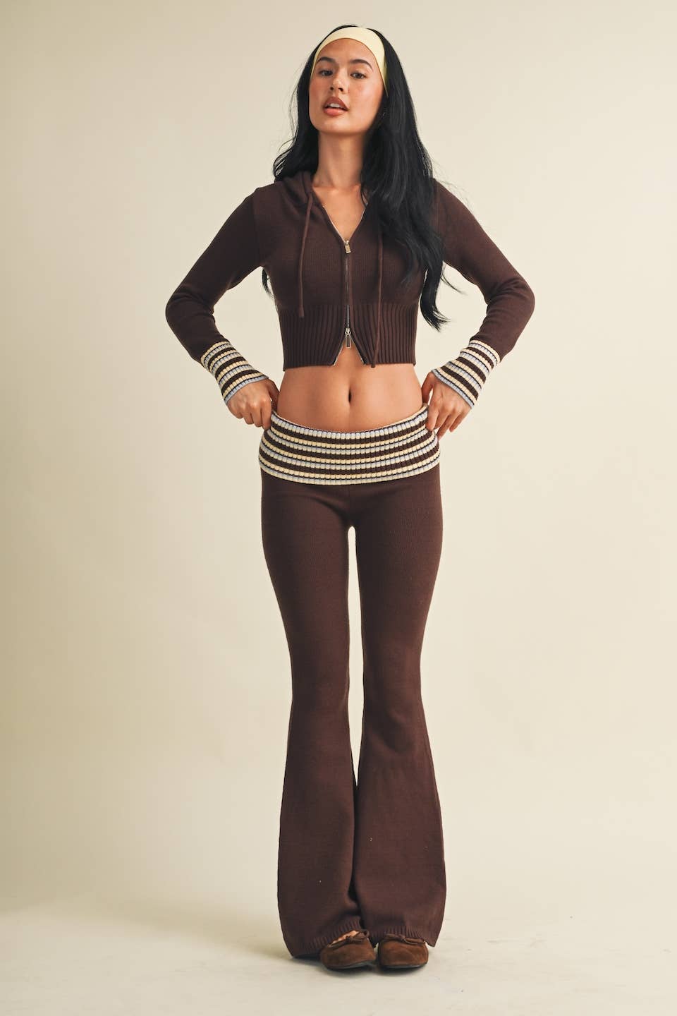 Slim Fit Zip Up Knit Sweater Hoodie with Striped Cuffs