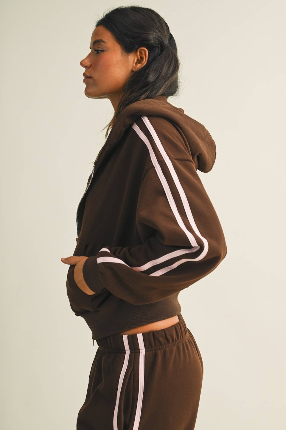 Side Stripe Cropped Zip Up Hoodie