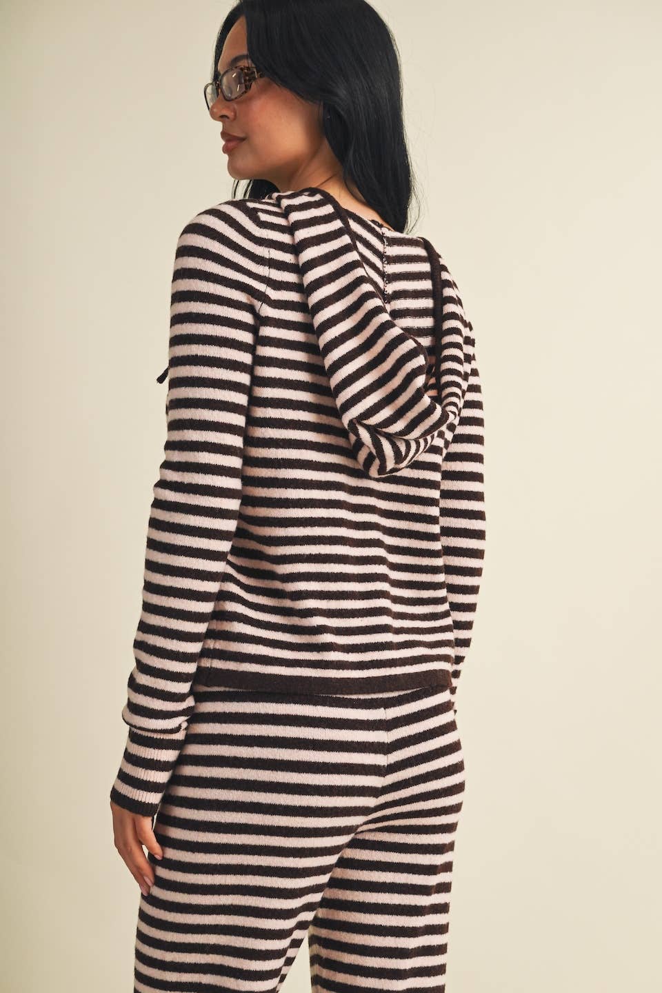 Striped Relaxed Zip Up Knit Sweater Hoodie