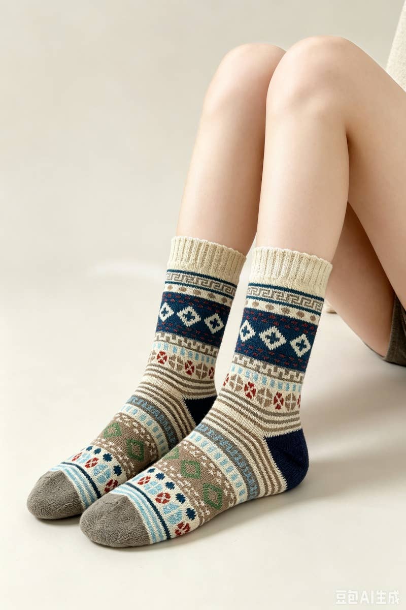 Retro Geometric Knit Crew Socks Winter Warm Ethnic Socks