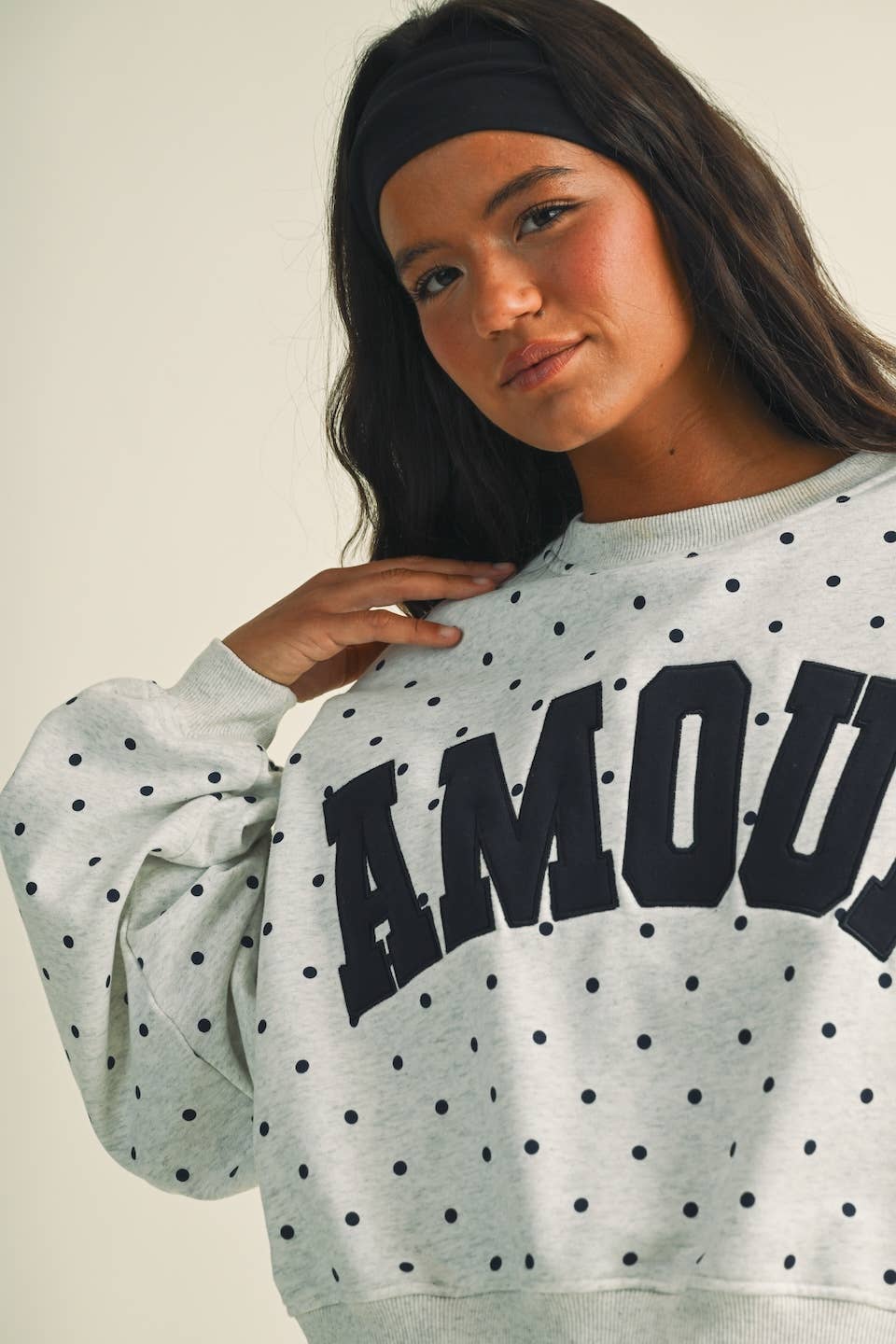 Amour Polka Dot Print Crewneck Crop Sweatshirt