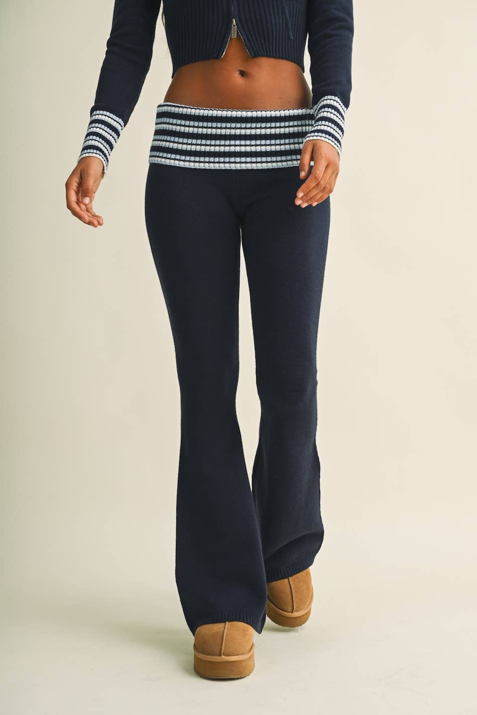 Striped Foldover Flare Knit Sweater Pants