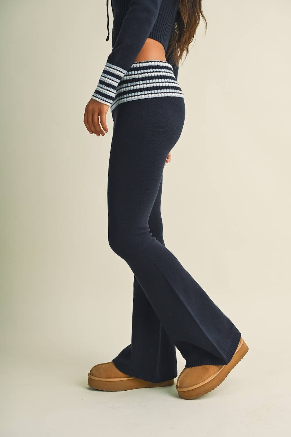 Striped Foldover Flare Knit Sweater Pants
