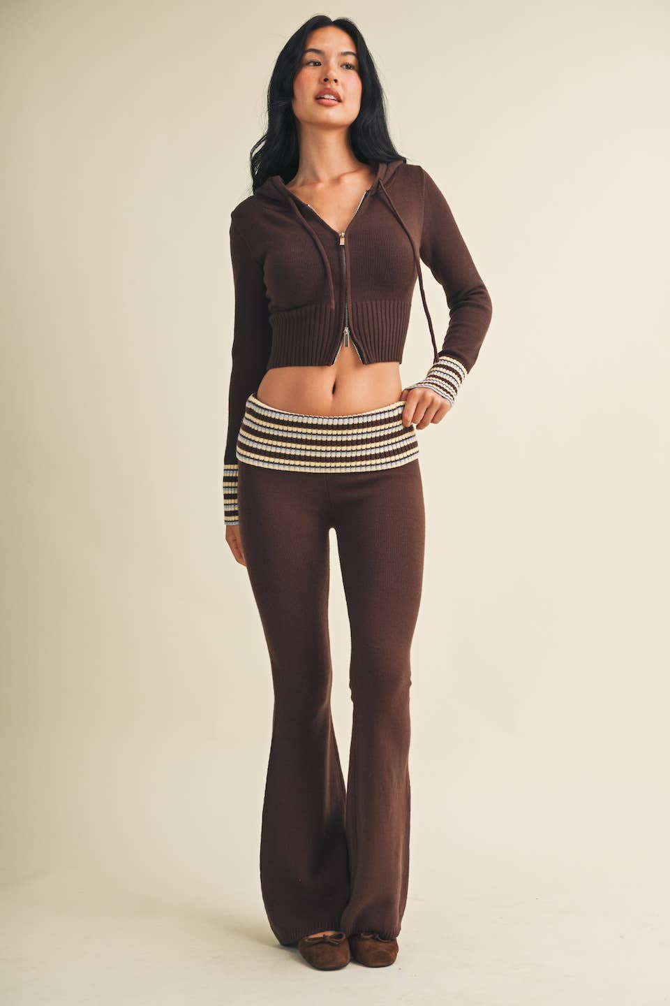 Slim Fit Zip Up Knit Sweater Hoodie with Striped Cuffs