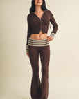 Slim Fit Zip Up Knit Sweater Hoodie with Striped Cuffs