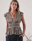 Smocked V-Neck Peplum Blouse - Leopard