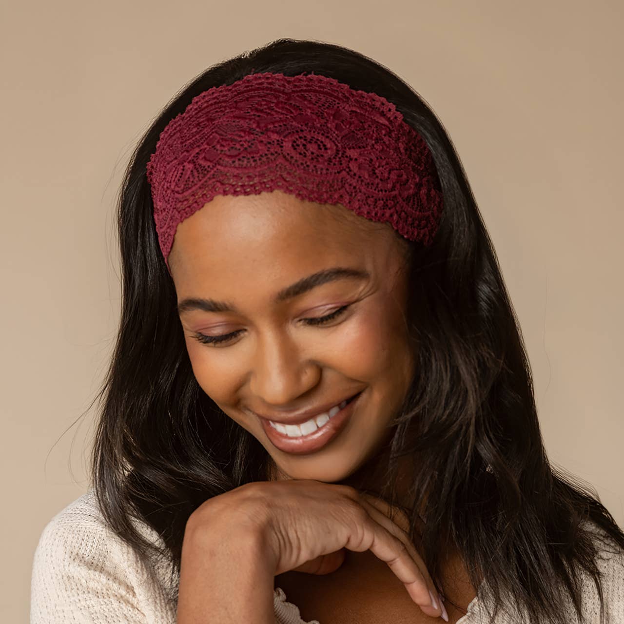 Wide Lace Elastic Headbands 2pc Set - Cherry Lacquer &amp; Dusty Pink