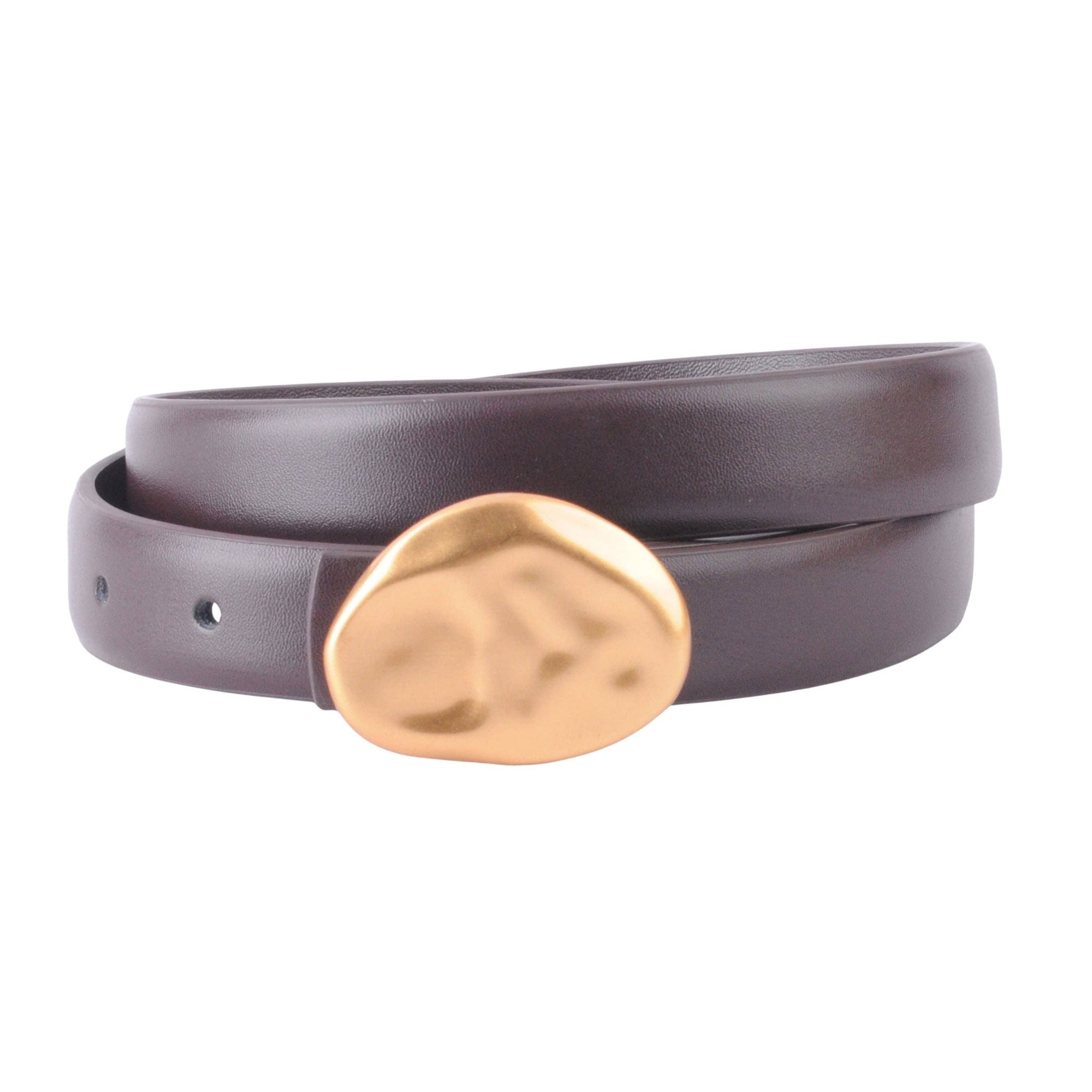 Clean Leather Belt with Gold Hammered Pebble Buckle