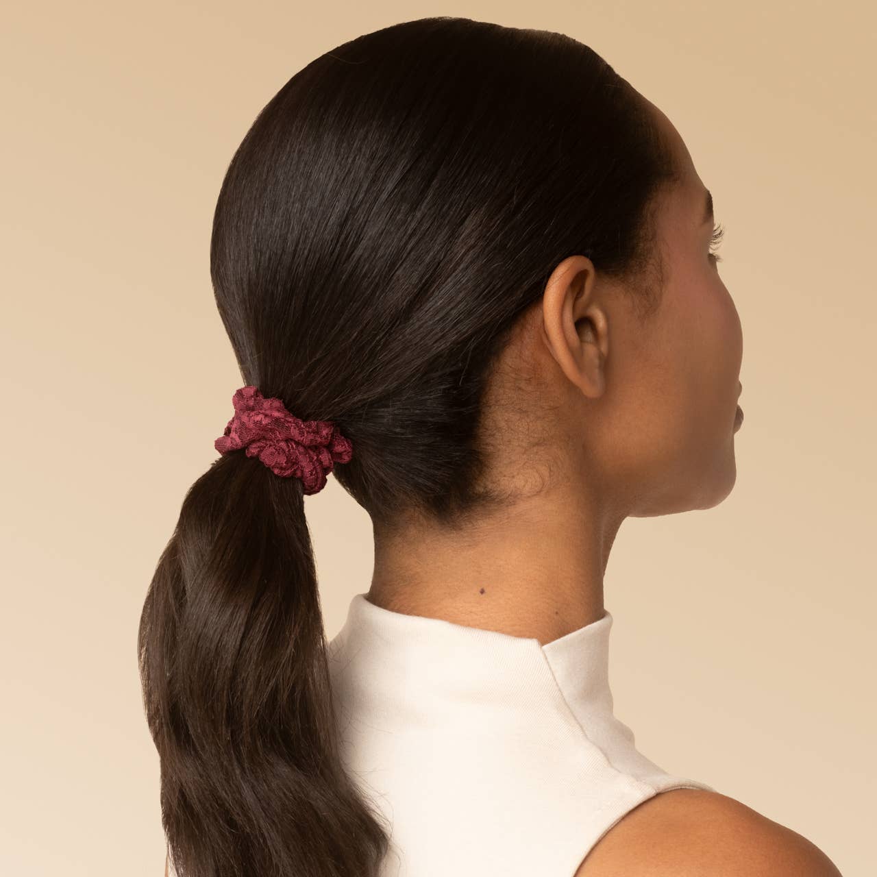 Ruched Lace Scrunchies 5pc Set - Cherry Lacquer &amp; Dusty Pink