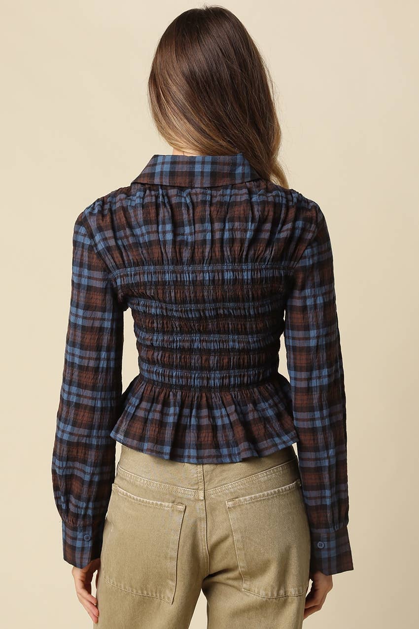 Nila Smocked Plaid Peplum Blouse