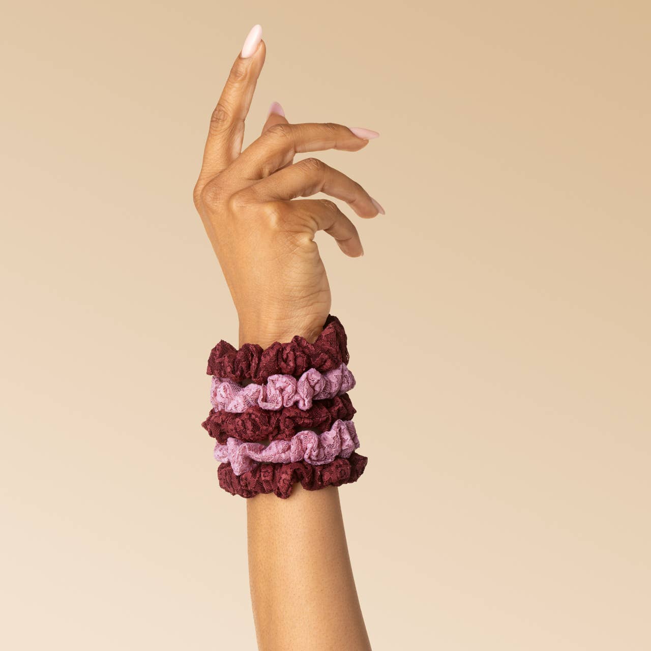 Ruched Lace Scrunchies 5pc Set - Cherry Lacquer &amp; Dusty Pink