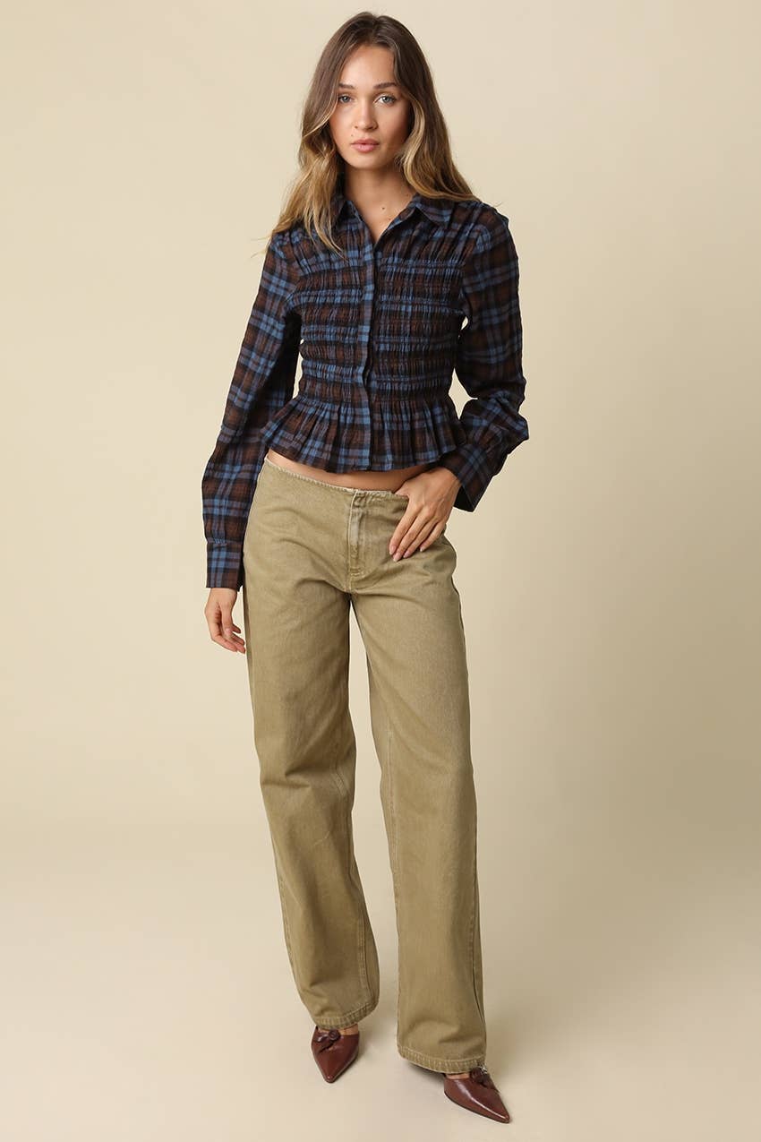 Nila Smocked Plaid Peplum Blouse