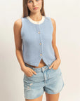 Amanda Sleeveless Button-Up Cardigan- L. Blue