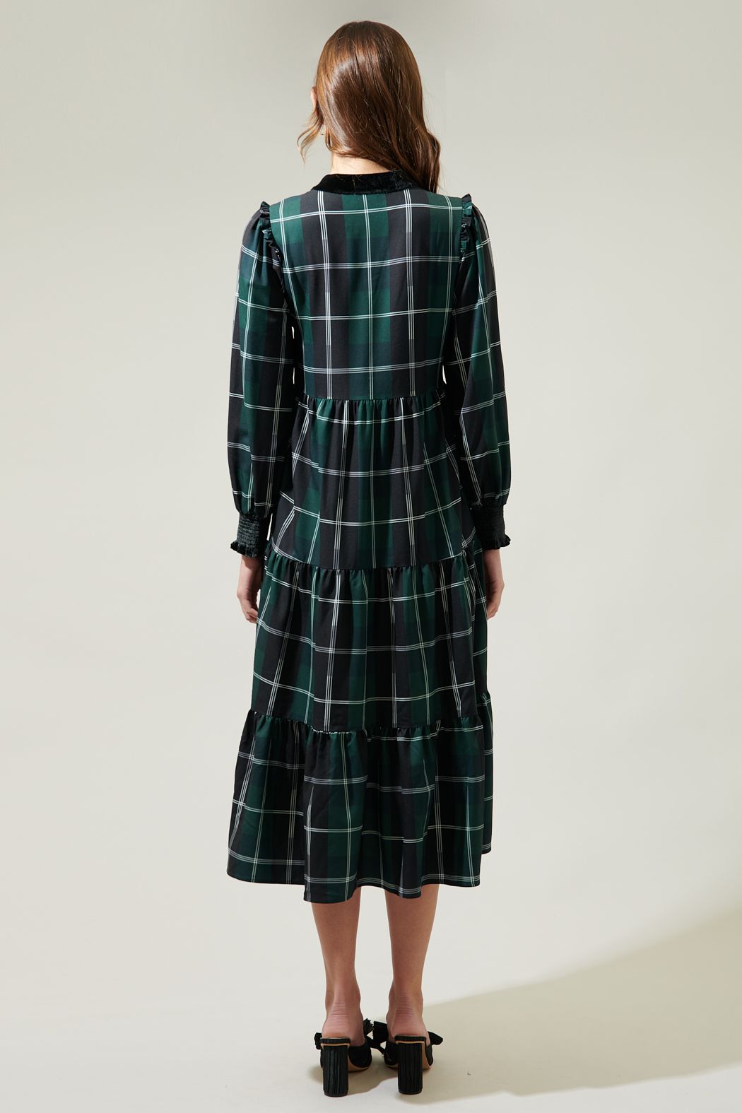 Sweet Beyond Long Sleeve Plaid Midi Dress