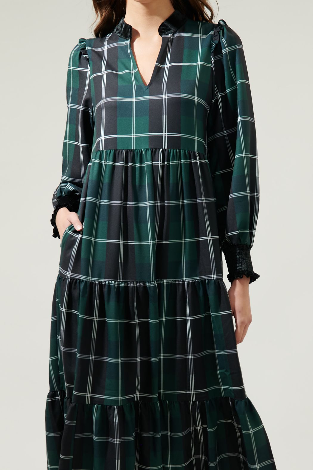 Sweet Beyond Long Sleeve Plaid Midi Dress