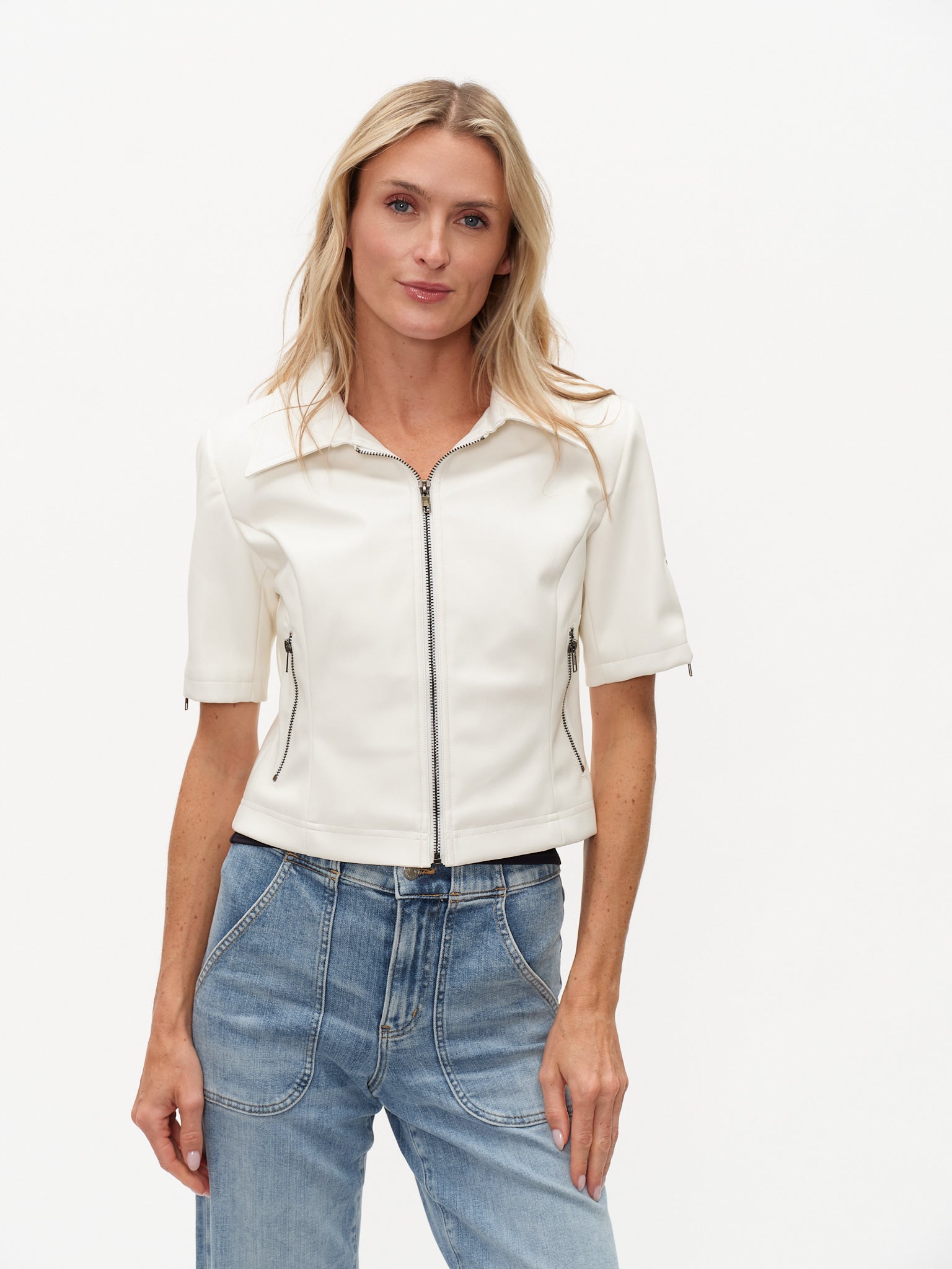 Monroe Short Sleeve Collared Jacket- White - sanitystyle