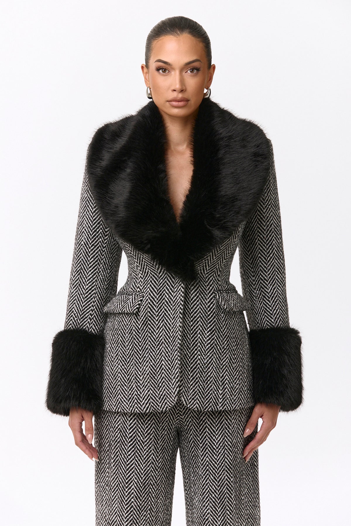 Suiting Houndstooth Faux Fur Blazer