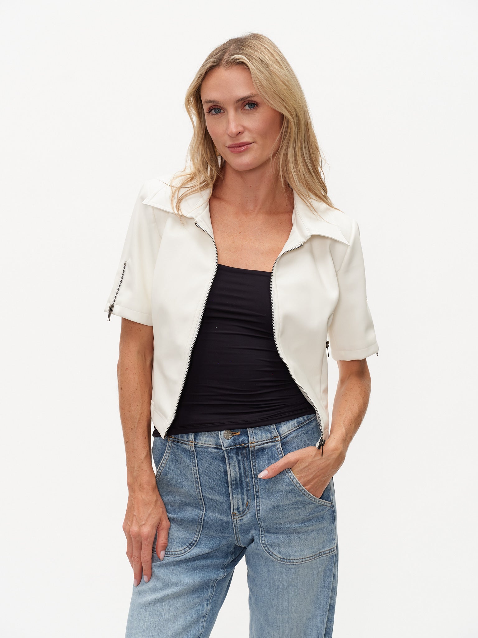 Monroe Short Sleeve Collared Jacket- White - sanitystyle