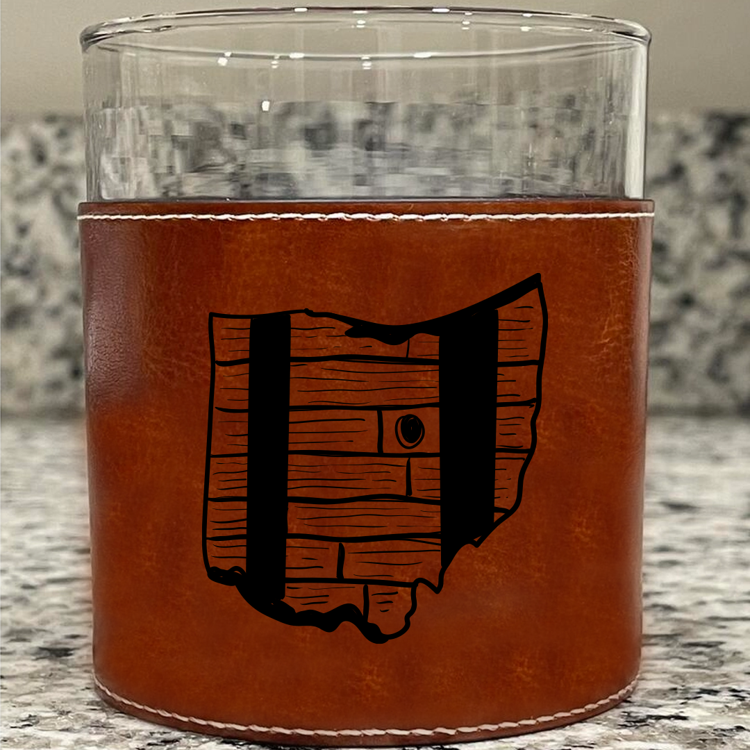 Ohio Bourbon Barrel Stave Faux Leather Rocks Glass